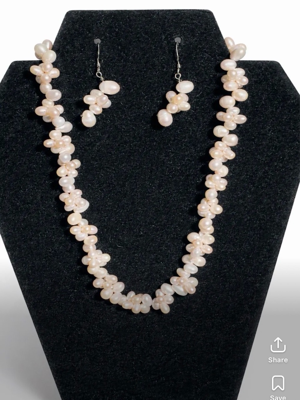 Vintage 925 clasp  & Cultured Freshwater Pearl Cluster Necklace & Drop Earrings